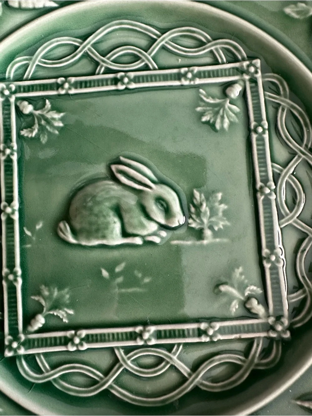 Bordallo Pinheiro Rabbit Plate Portugal | Green Majolica Bunny & Carrots 9.25”